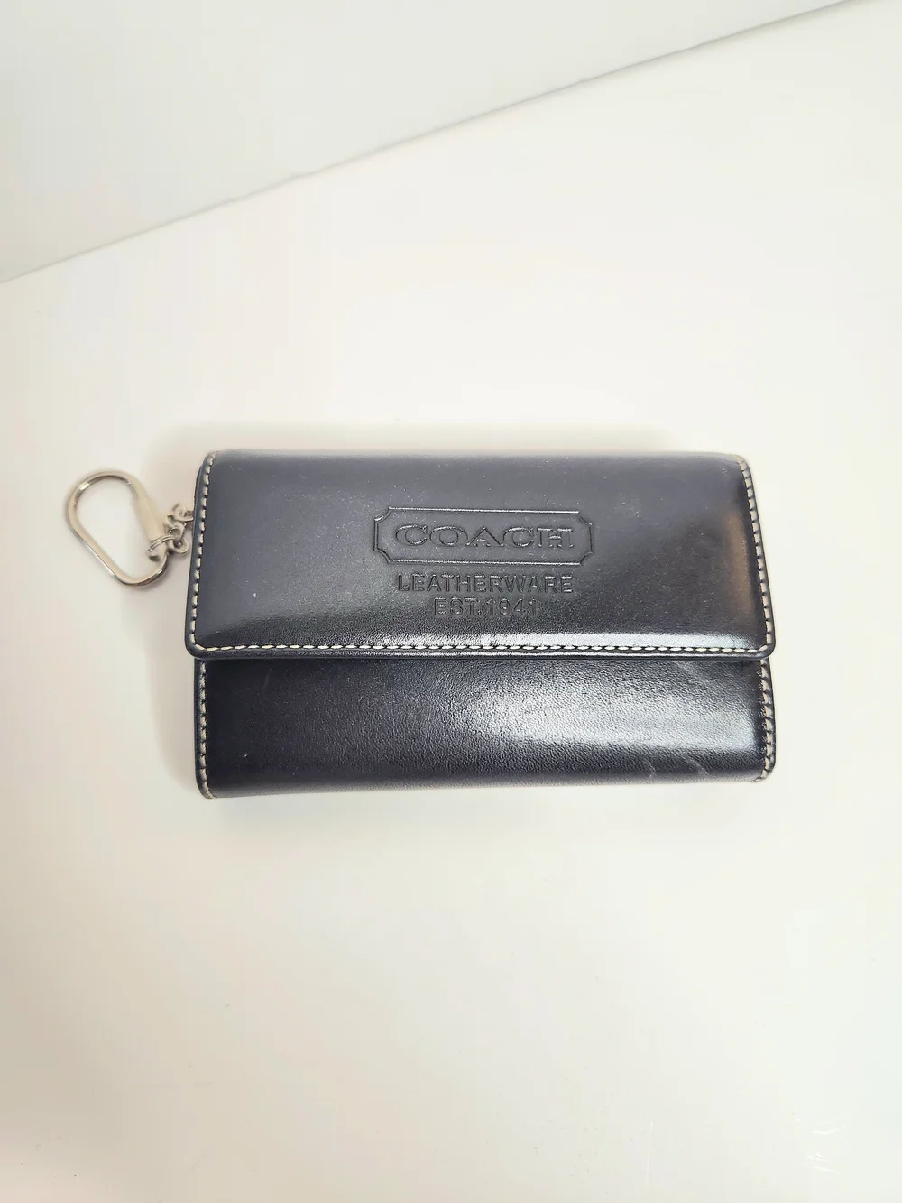 Coach Black Leather Trifold Wallet with Keychain